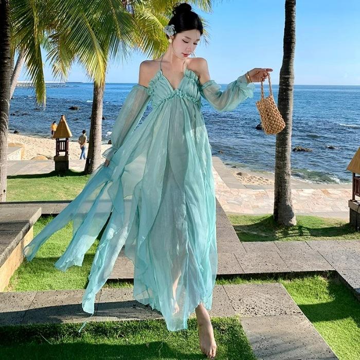 Blue-green Vacation Wind Suspender Dress Edge Photo Irregular Fairy Beach Dress Travel Photo Off-the-shoulder Long Dress