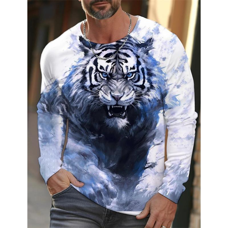 Spring and Autumn Round Neck Tiger Pattern 3D Printed Top Fashionable Casual Long Sleeved Men's T-shirts