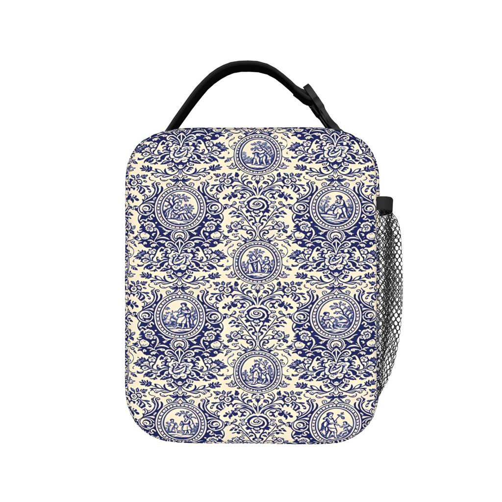 Navy Blue Toile De Jouy Lunch Bag Kawaii Lunch Box Travel Convenient Thermal Tote Handbags For Child Oxford Print Cooler Bag