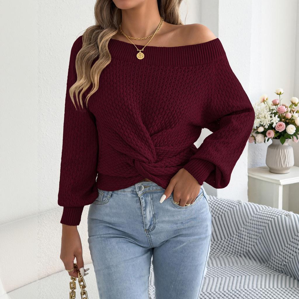 Women's Casual Color Off-Shoulder Knot Long Sleeve Sweater for Everyday Wear