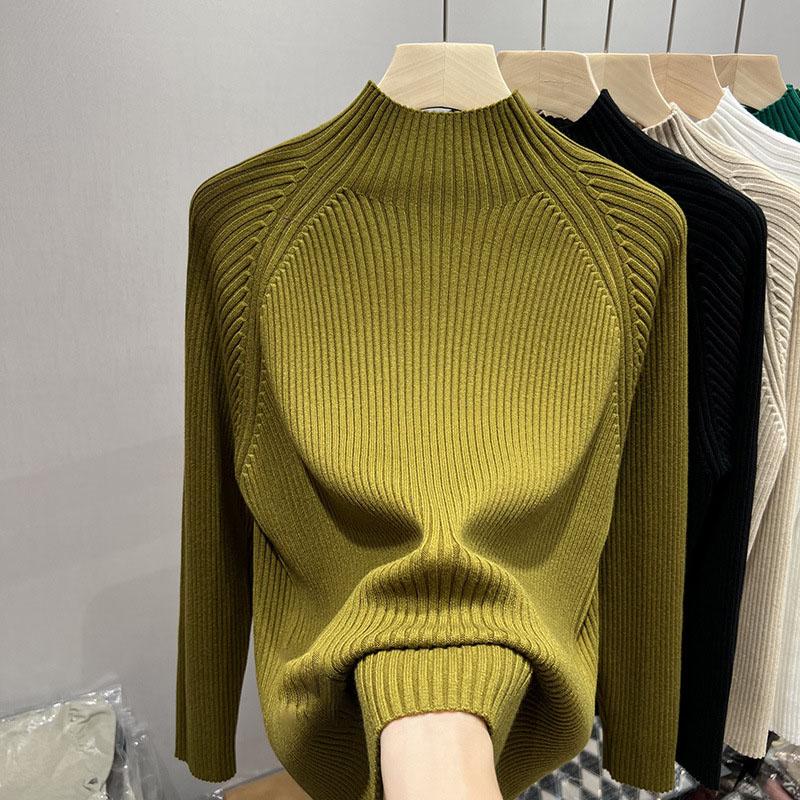 Женские свитера, пуловеры 2025, осень-зима, длинный рукав, полувысокий воротник, белый, черный, тонкий вязаный свитер, женские топы, пуловер JJ81 One Size жёлтый