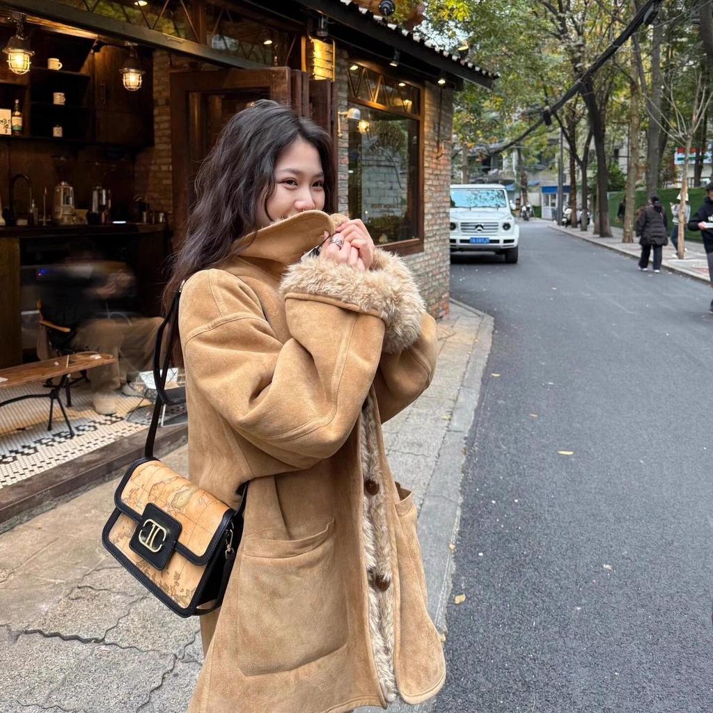 2025 A/W Women's Two-Way Shearling Lambswool Biker Jacket: Loose, Thickened Suede Furry Coat