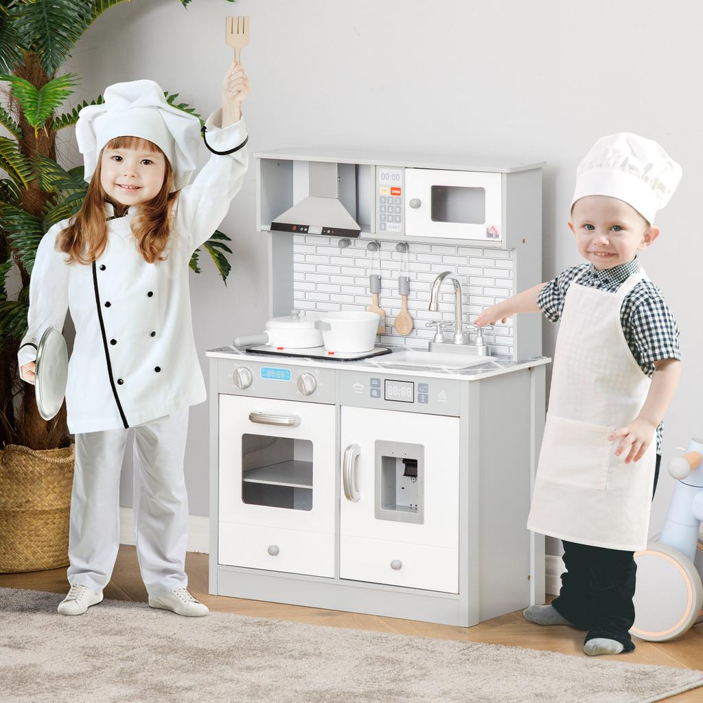 Kids Wooden Toy Kitchen Pretend Play Cooking Playset w/ Sound & Light Effect, Battery Operated Cooktop, Ice Machine, Marble Pattern Countertop