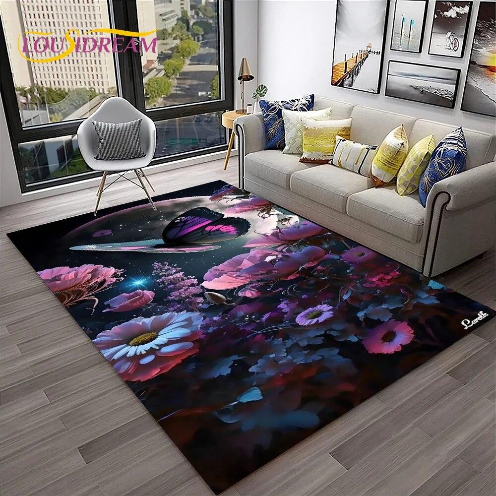 3D Luxury Dream Butterfly Flower Carpet Rug for Home Living Room Bedroom Sofa Doormat Decor,Kid Play Area Rug Non-slip Floor Mat