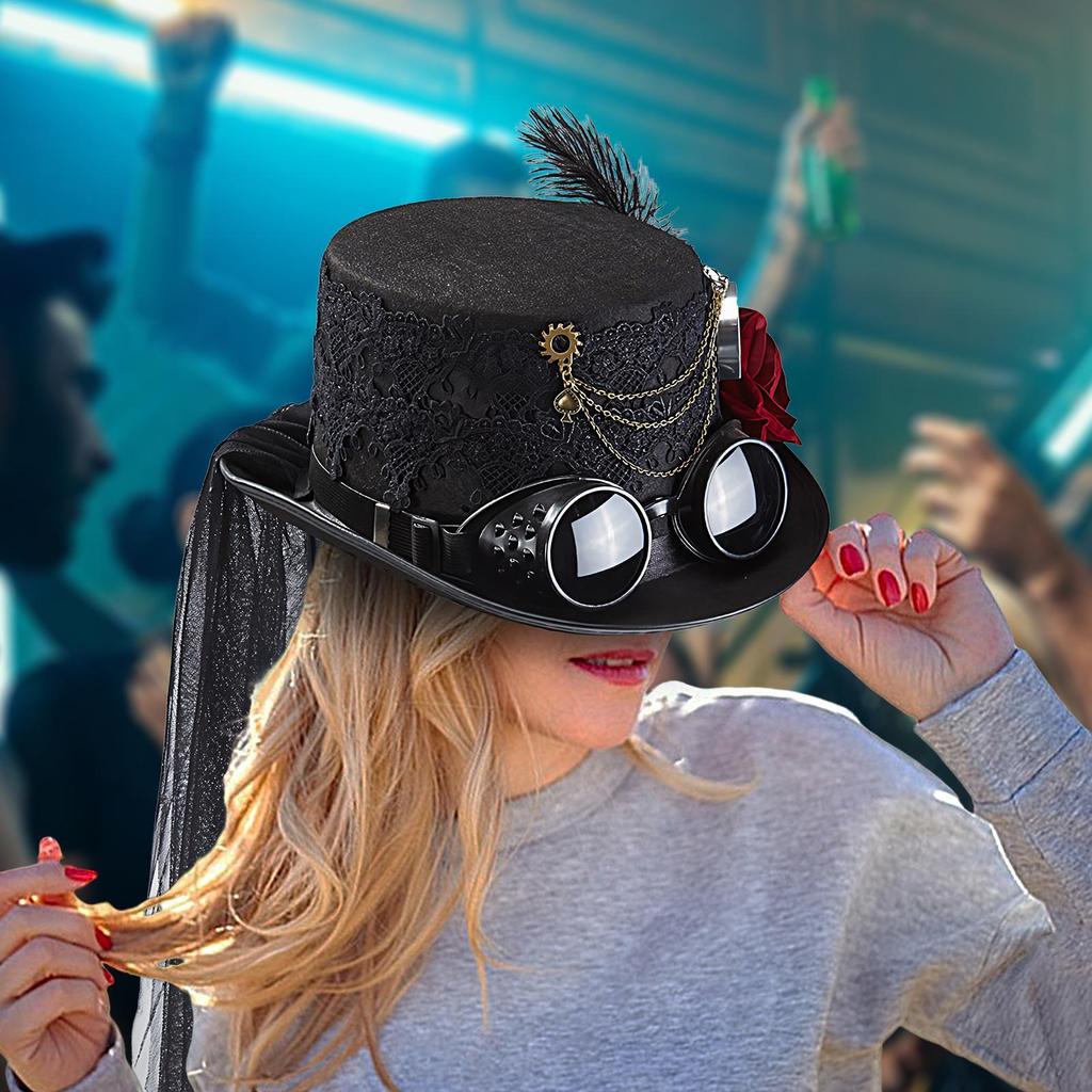 Gothic Hat Costume Top Hat Costume Headgear with Rose Removable Goggles Chain for Men Movie Props Cosplay Halloween Party