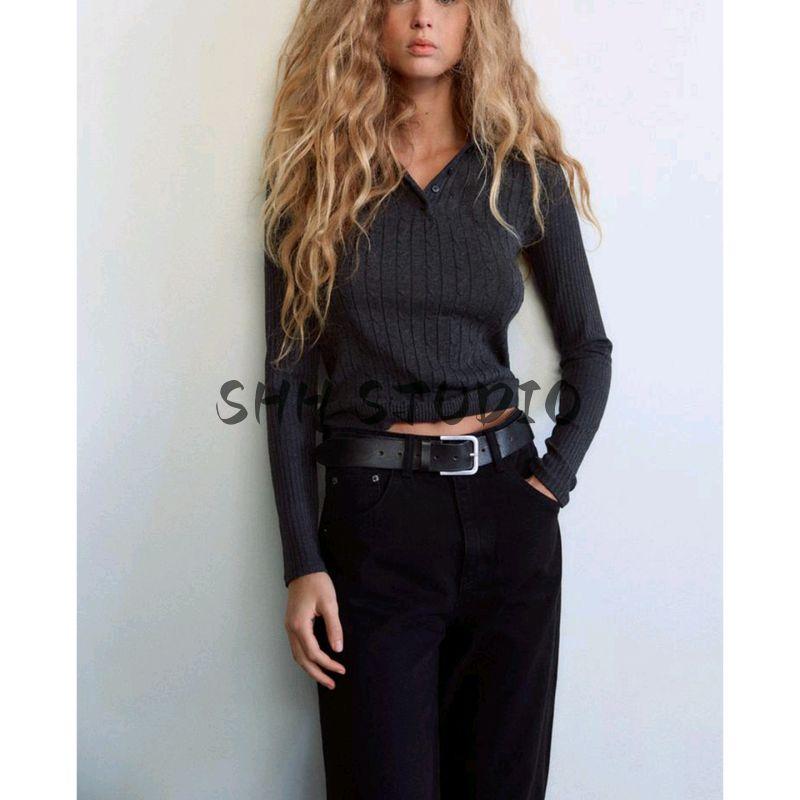 Summer New Women clothes Rib and Eight-Strand Woven Patchwork Polo Shirt Simple Long sleeve Top 5644302