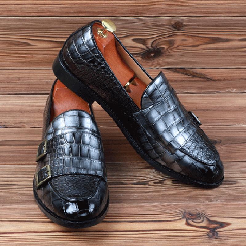 New Men Crocodile Pattern Dress Patent Leather Loafers Luxury Wedding Monk Strap Shoes Italian Style Homecoming Prom Footwear
