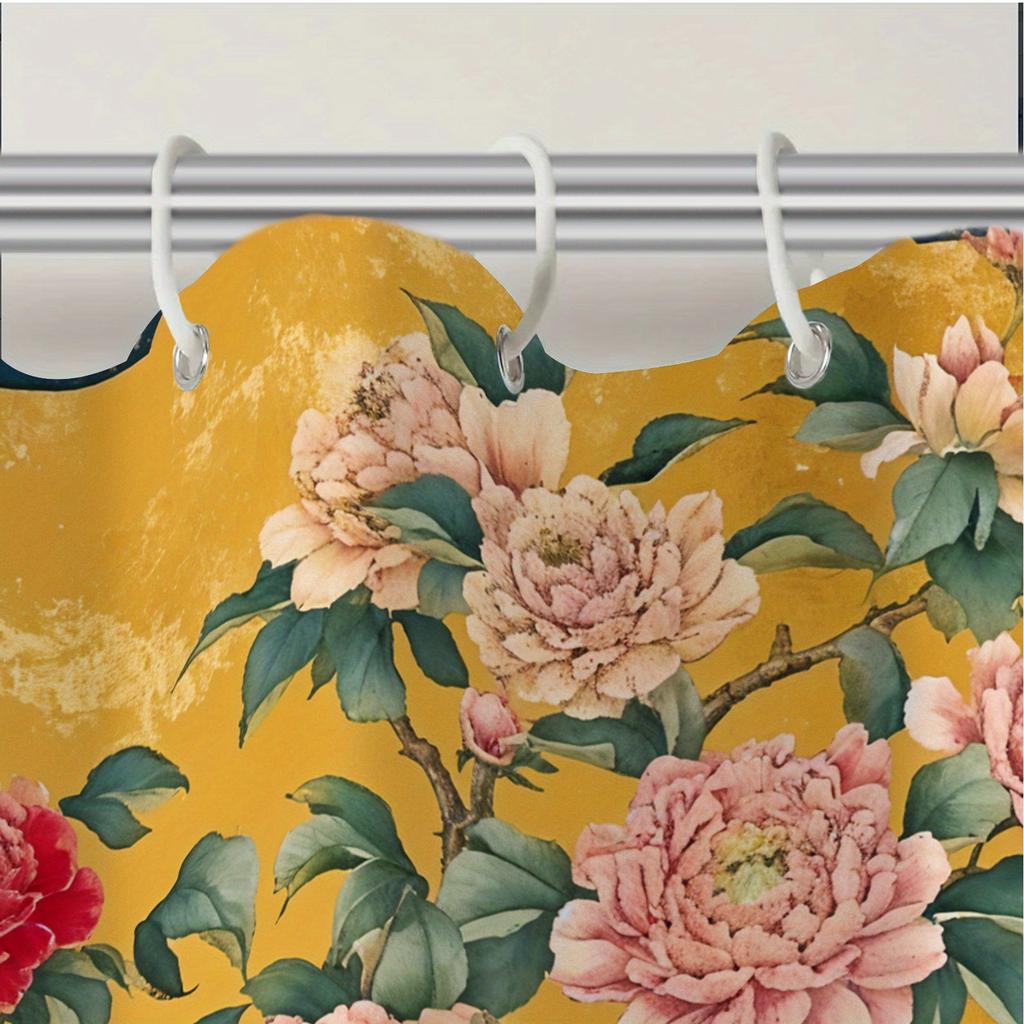 Waterproof Shower Curtain with Elegant Peony Flowers and Birds On a Vibrant Yellow Background for a Luxurious Bathroom Decor
