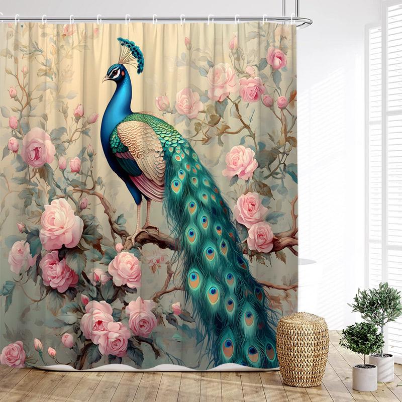 Floral Peacocks Shower Curtain Tree Cave Jungle Flowers Green Plants Birds Modern Home Bathroom Decor Bath Curtains With Hooks