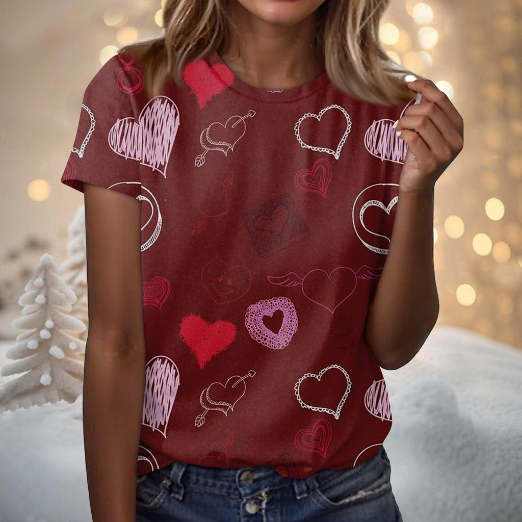 Women's Fashion Casual Short Sleeve Valentine's Day Printed Round Neck T-Shirt Top
