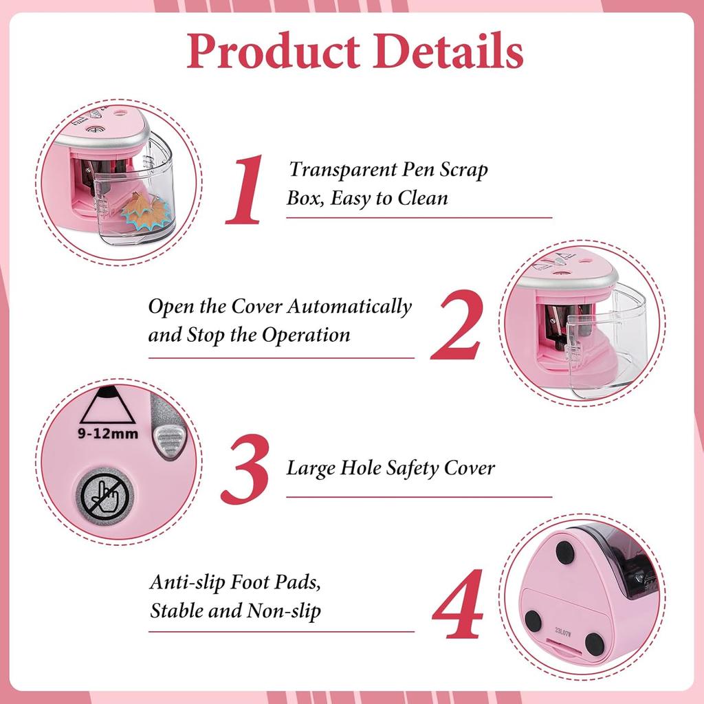 Electric Pencil Sharpener with Double Hole, Battery Operated Automatic Sharpener with 2 Extra Knife Holders, for 6-8mm/9-12mm