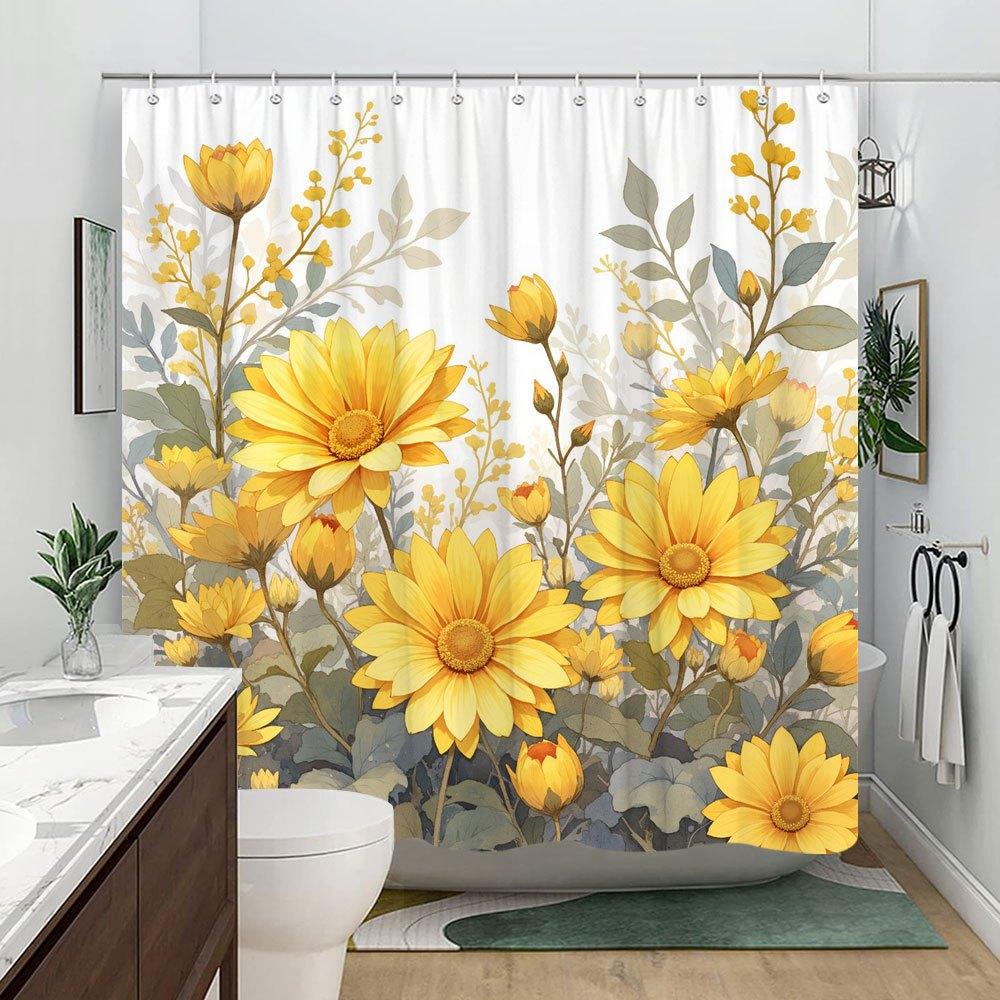 1 Serenity Garden Daisy Shower Curtain, with realistic yellow daisy and green leaf pattern, machine washable, with hooks