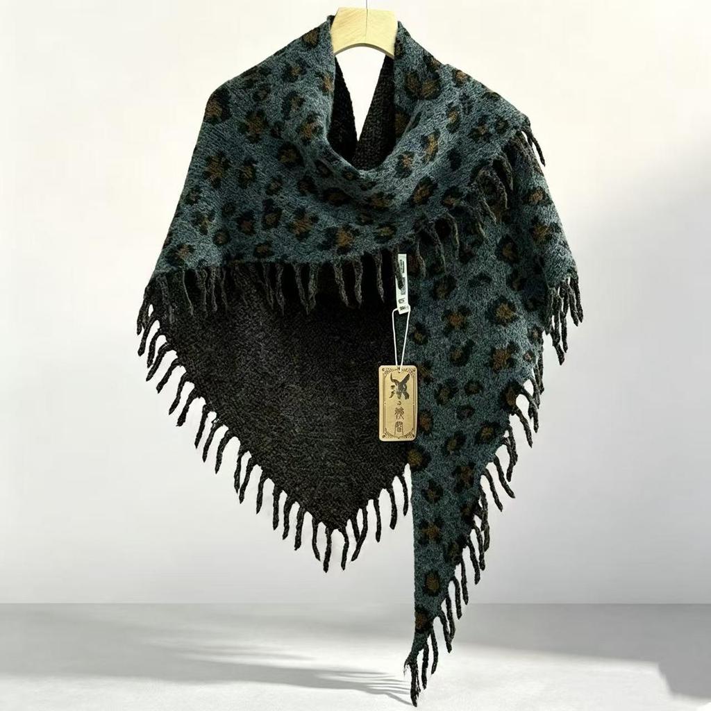 Leopard Print Tassel Shawl: Warm, Thick Triangle Cloak for Autumn & Winter