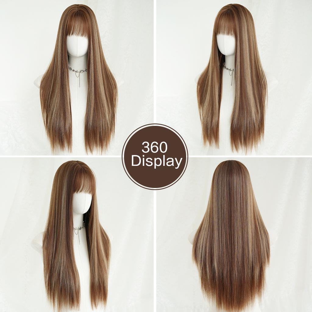 New Highlighted Brown Long Straight Wig for Women - Full Bangs One-Length Cut JK Schoolgirl Style Rejuvenating Daily Wear Full Cap Wig