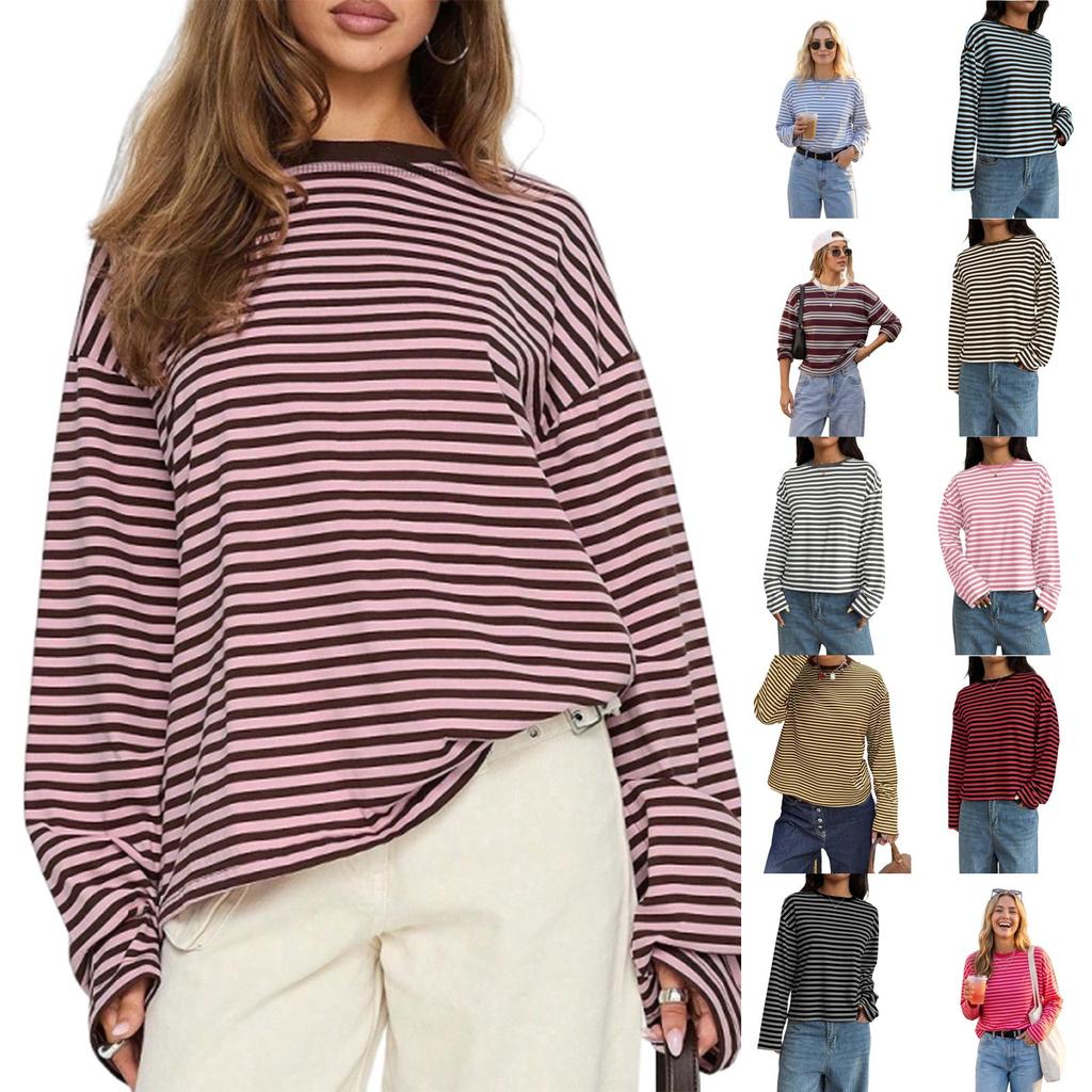 Women's Striped Long Sleeve T-Shirt Loose Fit Round Neck Color Block Casual Layering Top