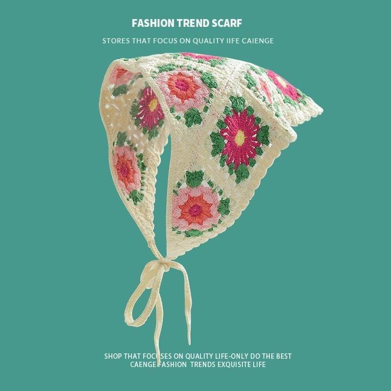 Ins Style High-end Triangular Headscarf for Summer Outings and Rural Style  New Retro Knitted Hollow Headscarf for Women