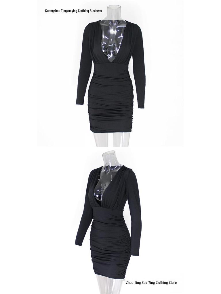 European Sexy Deep V Ruffled Bodycon Dress for Autumn/Winter