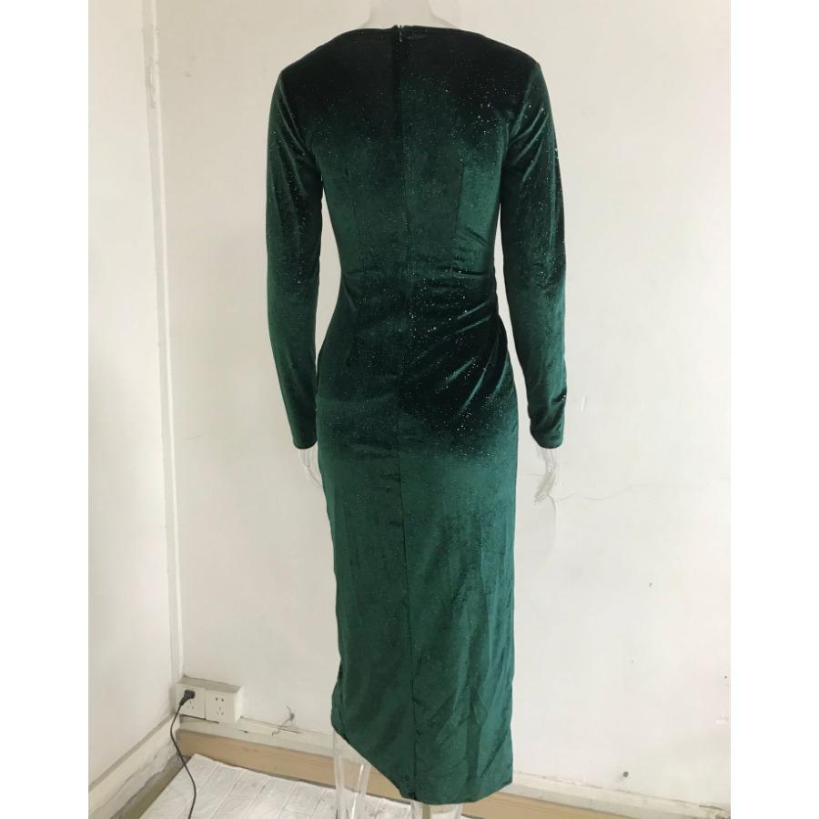 Frauen Herbst Winter Goldenen Samt Abend Nachtclub Kleid Sexy Offenen Bein Schlank Langarm Mid-kalb Kleider