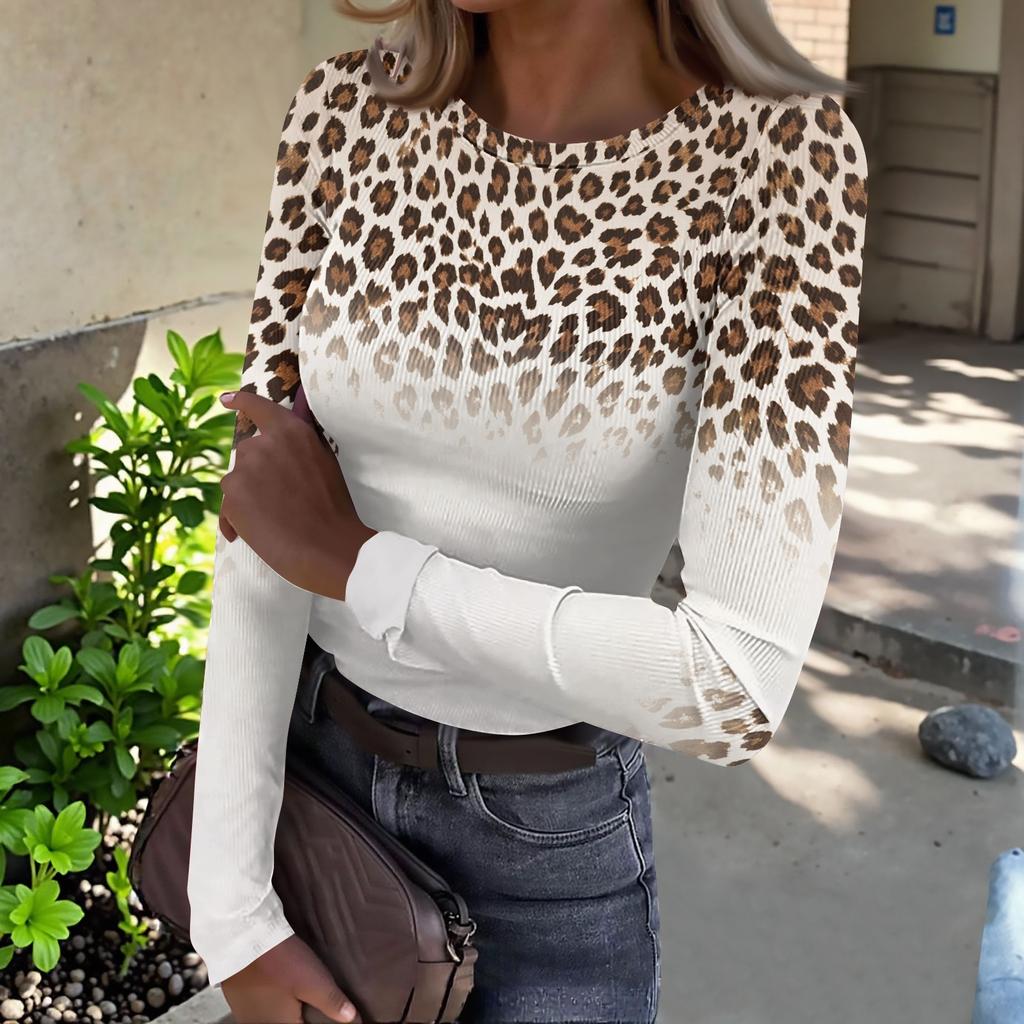 Women's Slim Fit Leopard Print Long Sleeve Round Neck Pullover T-Shirt