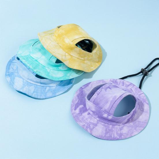 Tie-dye Dog Bucket Hats with Ear Holes Adjustable Round Brim Outdoor Sun Protection Cap for Small Medium Dogs And Cats