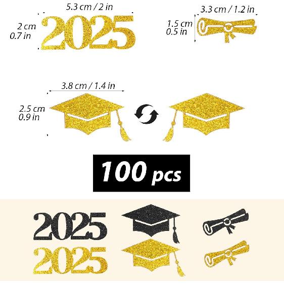 100pcs Graduation Confetti for Table 2025 Large Glitter Black Gold Grad Confetti Graduation Party Table Decorations