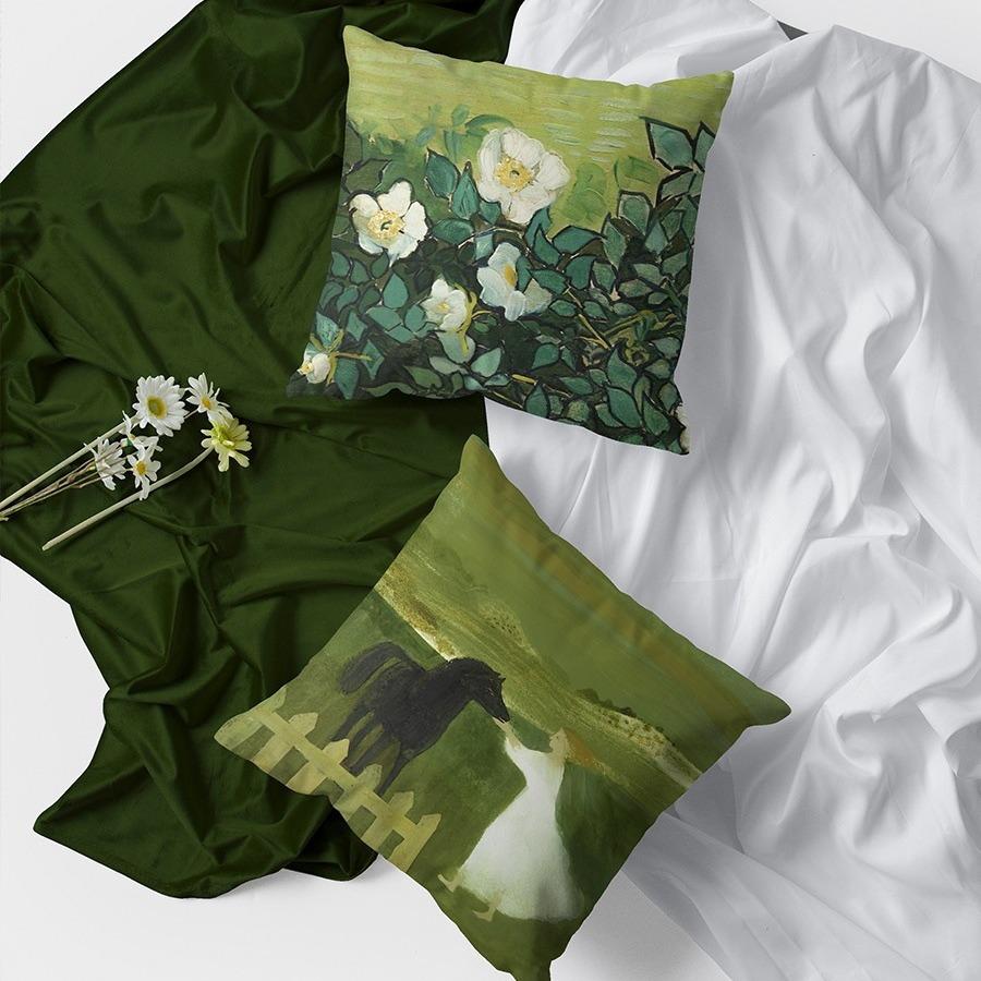 Art Oil Painting Pillow Cover Pastoral Forest Green Flower Home Light Luxury Pillow Sofa Car Bedside Cushion Cover