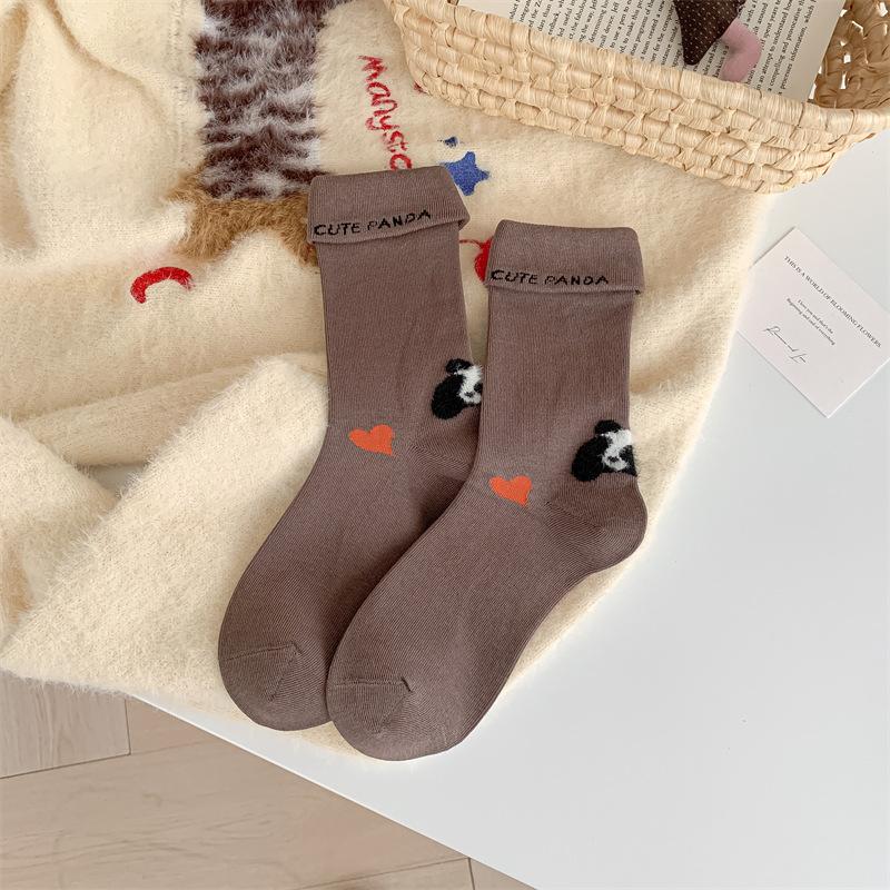 Autumn and Winter Fringed Women's Mid-calf Socks, Trendy and Cute Bear Head Embroidery, Pure Cotton Pile Socks, Boneless and Versatile Socks