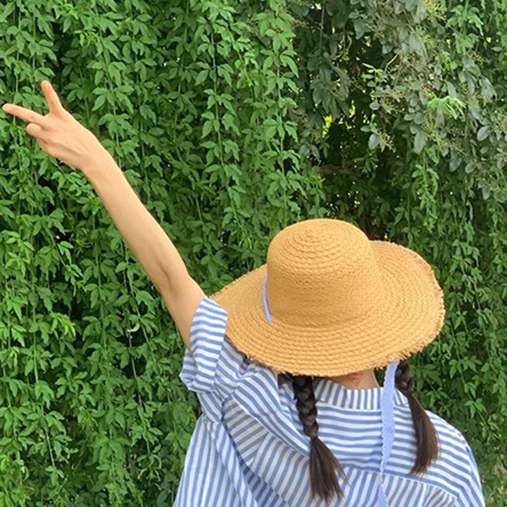 Letter Straw Weave Sun Hat Stripe Bowknot Beach Sun Cap Summer Sunscreen Bucket Hat  Summer
