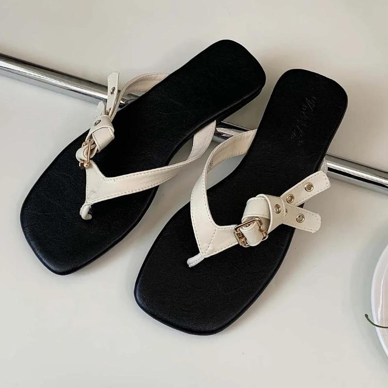 Fashion Fashion Square Toe Belt Buckle Flat Slippers Women Summer Sexy Clip Toe Flip-flops Comfortable Non-slip Vacation Beach Sandals