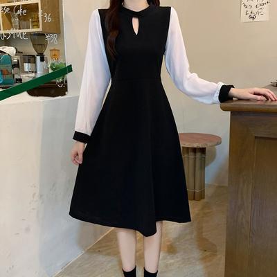 Women's Hepburn Wind Long Sleeve Color Contrast Dress Spring Lacing Waist Temperament Hollow Dress