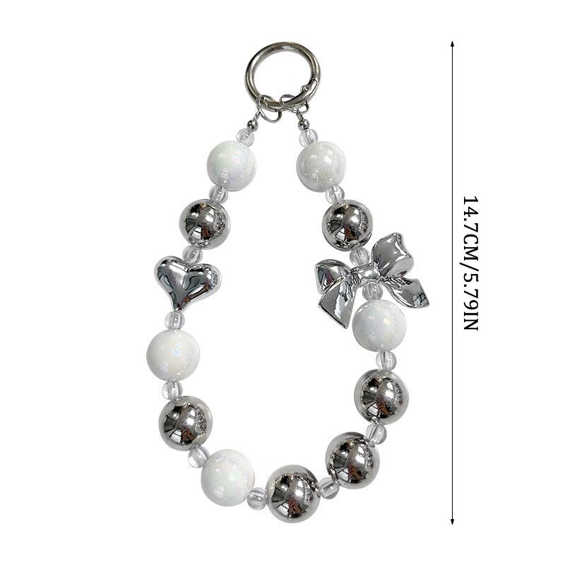 Y2K Silver Bow Beaded Phone Case Lanyard Stylish Bead Phone Chain Wrist Band Anti Lost Phone Strap Earphone Pendant Keychain