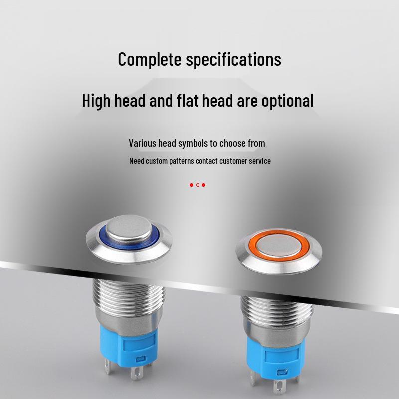 12mm Illuminated Metal Push Button Switch, 12V/24V, Dustproof, Industrial Certified.