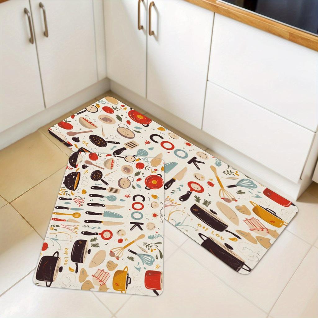 1Pcs Anti Fatigue Kitchen Rugs, Cartoon Tableware Print Waterproof Non-Slip Thick Cushioned Kitchen Mat Heavy Duty Comfort Standing Mat for Kitchen