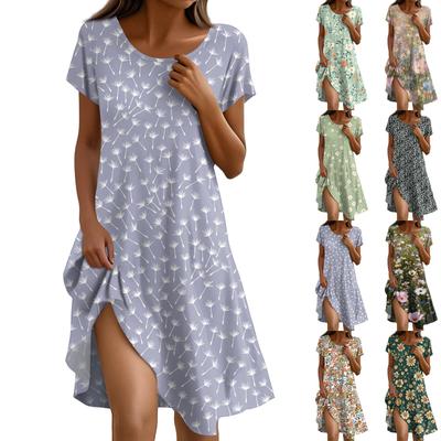 Short Sleeve Boho Dress For Women Casual Loose Fit Summer Sundress Floral Print Dress With Pockets