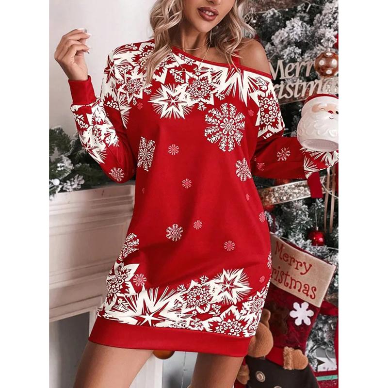 Winter Long Sleeve Loose Print Christmas Party Dress Women Elegant Skew Collar Red Casual Dresses Women Vintage Fashion Thin Sexy Short Dress 25873