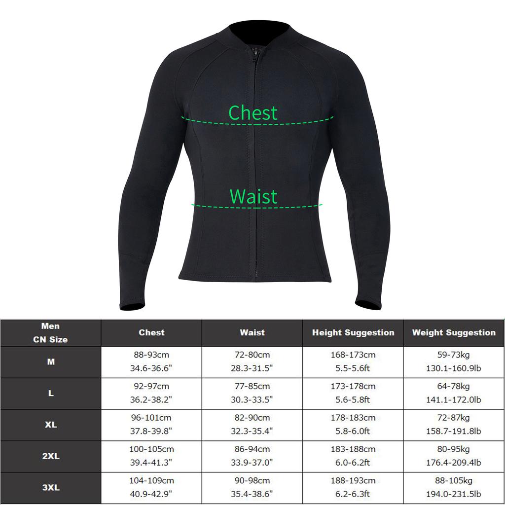 2mm Neoprene Men Women Diving Top with Front Zipper Wetsuits Jacket Long Sleeves Wetsuit Top for Snorkeling Scuba Diving Surfing Water Sports Swimming