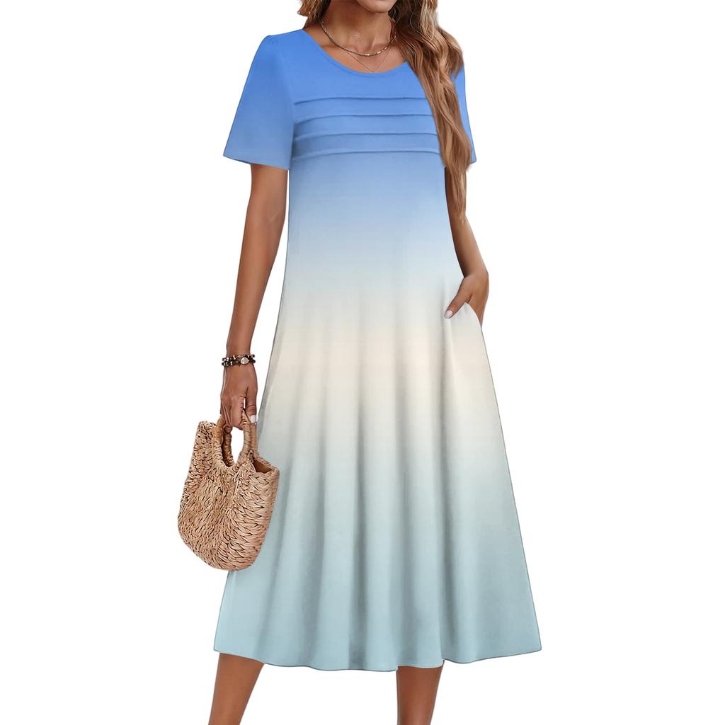 Ladies' Gradient Printed Casual And Fashionable Short Sleeved Round Neck Dress