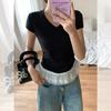 Special Korean pure desire V-neck lace splicing hem pleats waist pinch short-sleeved T-shirt women