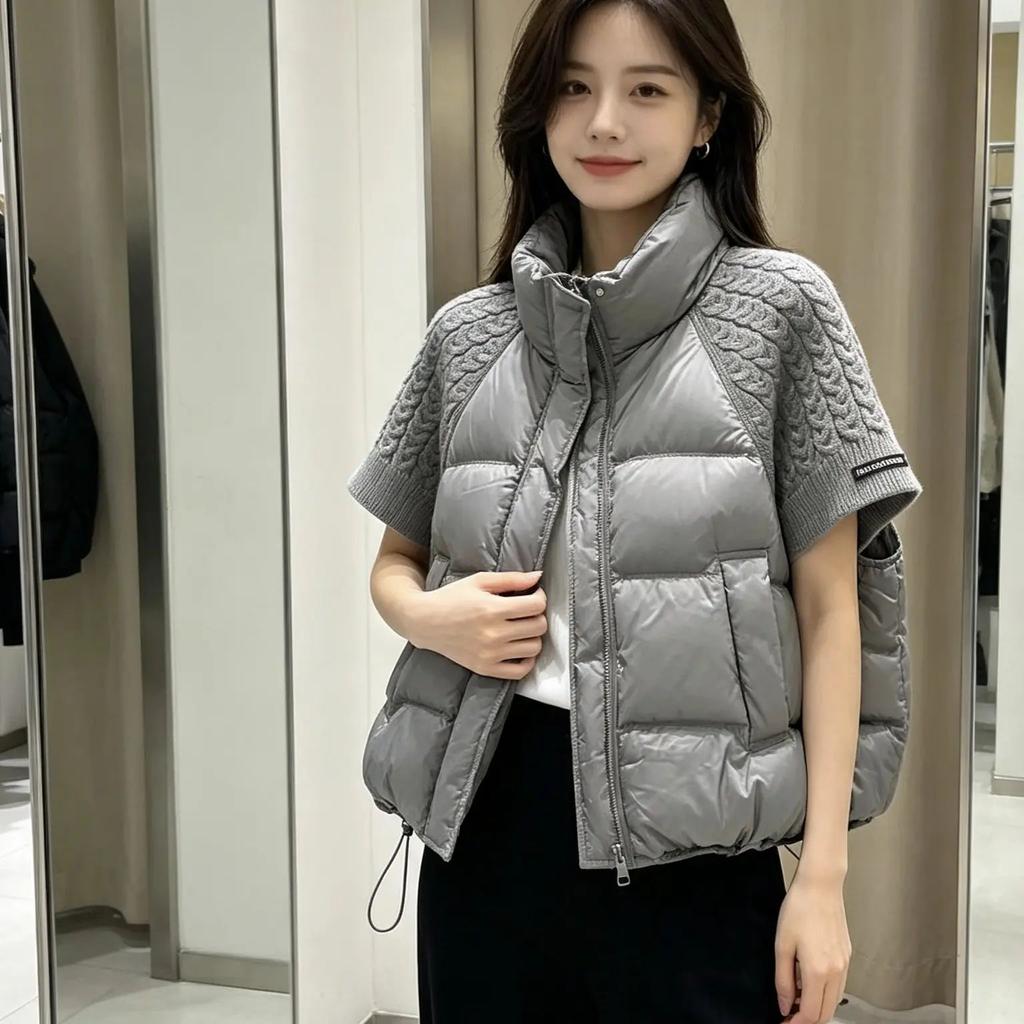 New knitted splicing down cotton vest women's short stand-up collar thickened versatile vest loose and thin jacket