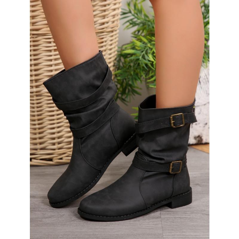 Women's Popular Medium Boots, Women's Autumn and Winter New Boots, Women's Round-toed Flat-bottomed Cigarette Boots