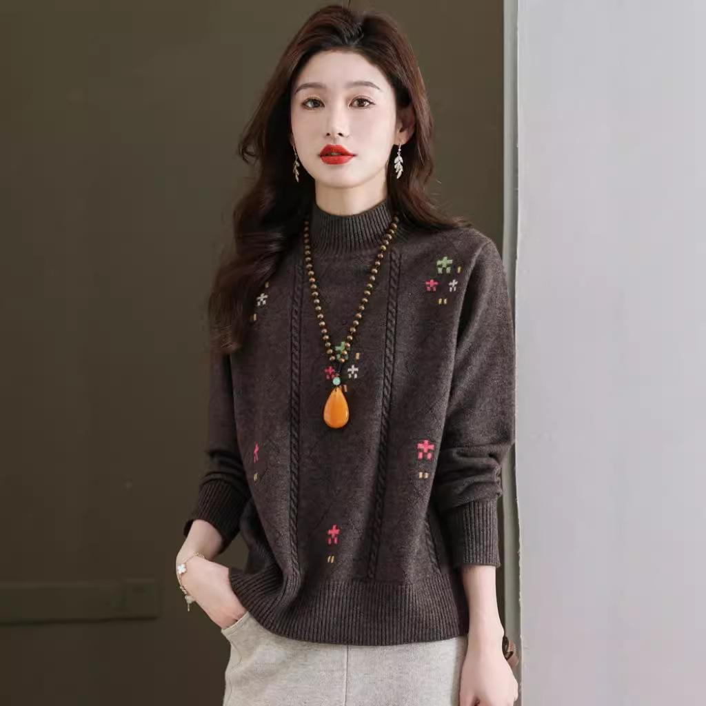Half-turtleneck Jacquard Red Sweater Women's Autumn and Winter Western Style Loose Inner Knitted Bottoming Shirt