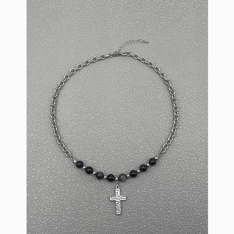 Retro Black Cross Pendant Necklace With Titanium Steel Chain For Street Style Jewelry