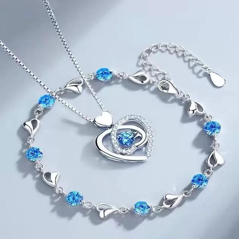 925 Sterling Silver Fashion Temperament Blue Crystal Zircon Love Necklace Birthday Party Gift Ladies Jewelry