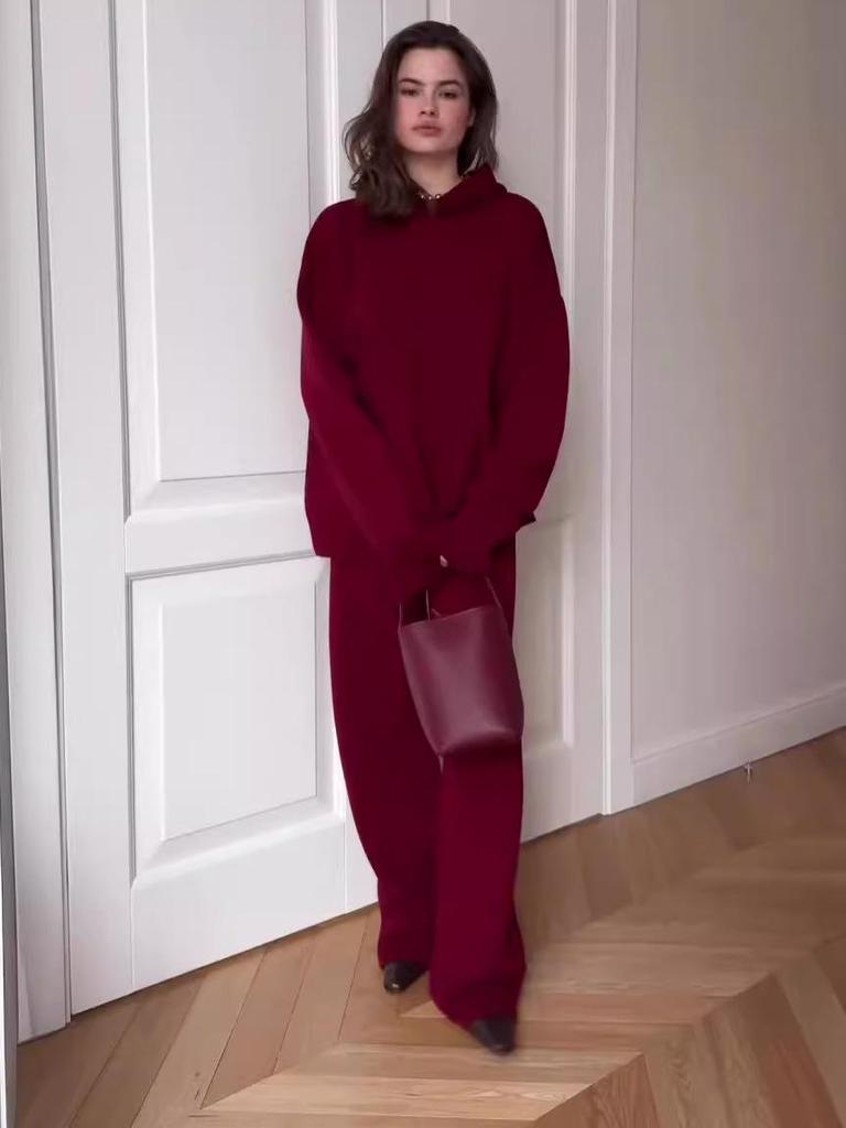2024 Autumn Women's Red Hoodie & Casual Long Pants Two-Piece Set