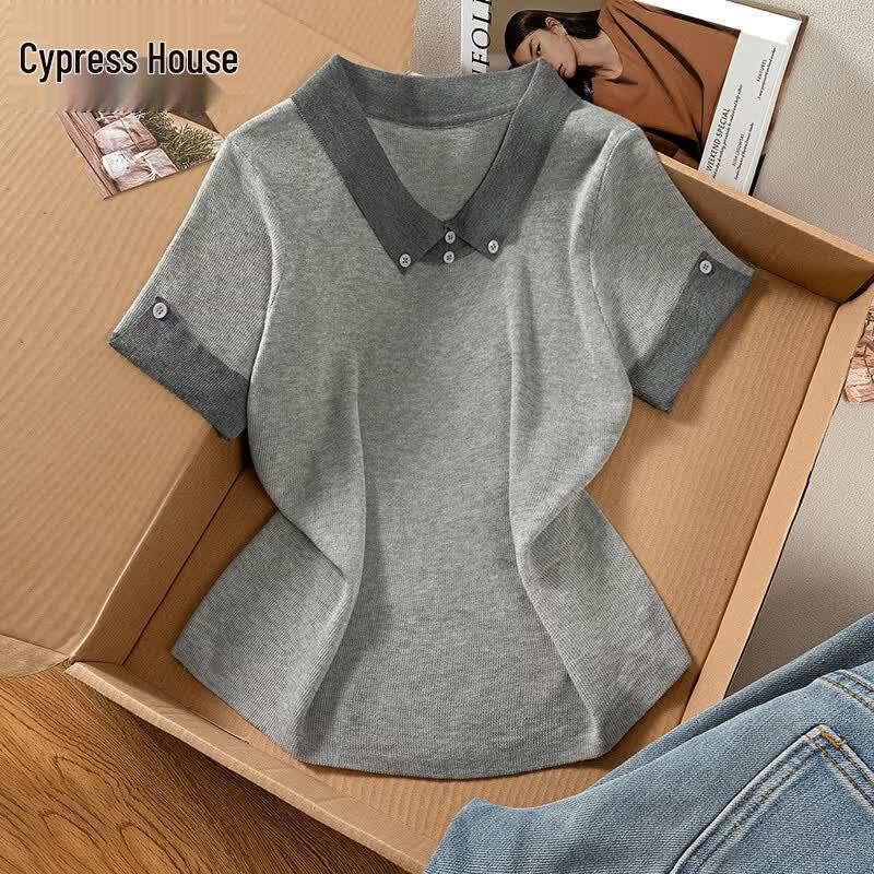 Women s Color Block Turn-Down Collar Short Sleeve Knit Top S