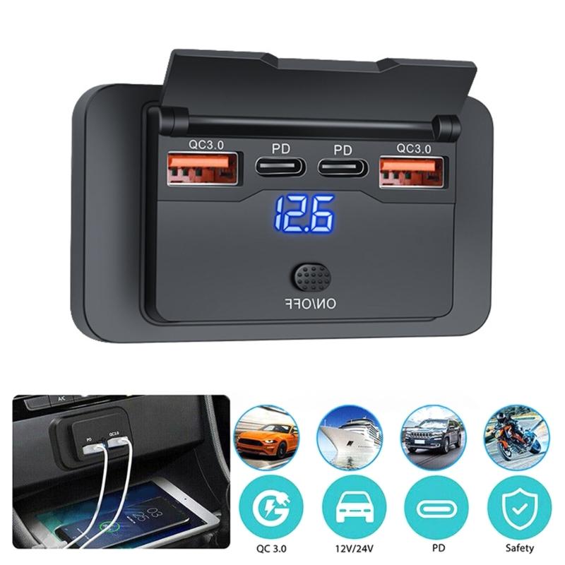 Doppelter PD3.0 & QC3.0 USB-Ladeanschluss mit Netzschalter 12V/24V Wasserdichte USB-Steckdose Einfach zu bedienen für Autos Boote Motorräder