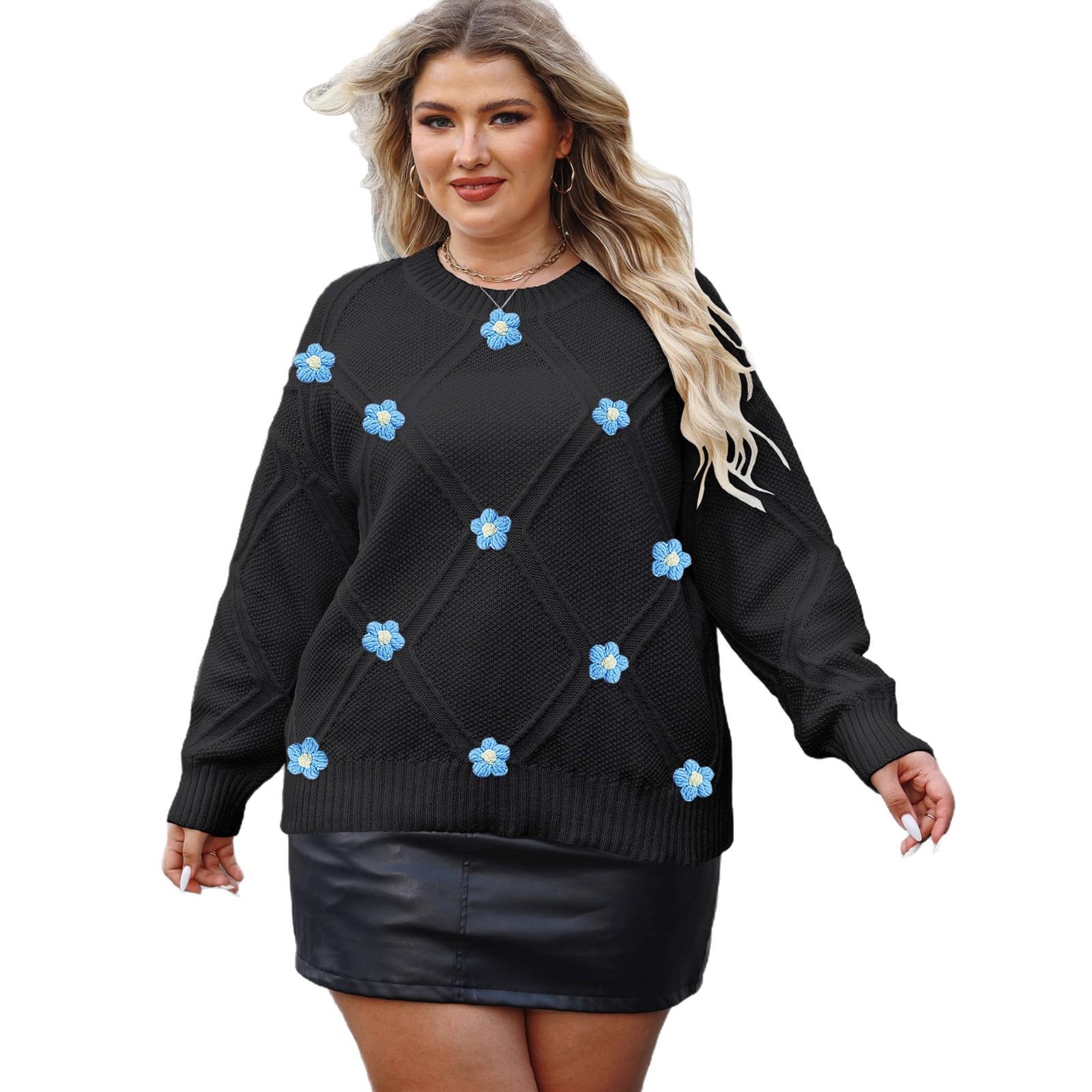 

Свободный и повседневный пуловер с трехмерными узорами ручной вязки крючком в форме ромбов для женщин 3XL чёрный