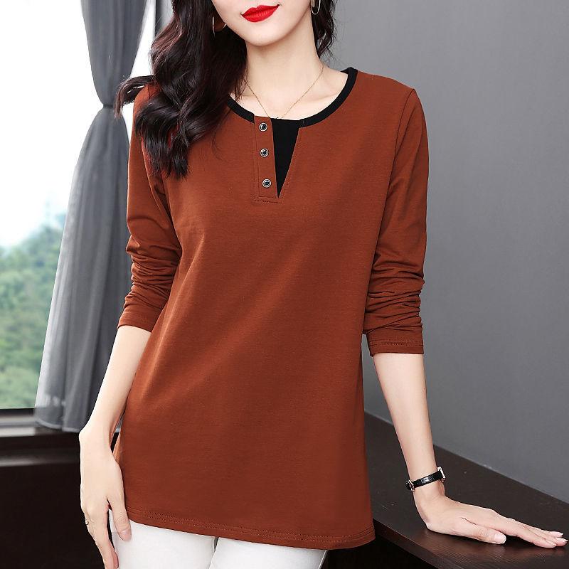 Fashion Casual Solid Color Spliced T-shirt Women's Clothing New Spring All-match Female Loose Round Neck Long Sleeve Tops
