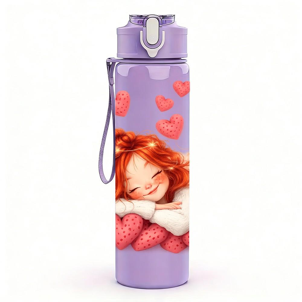 1PC Little Girl Lying With Floating Hearts Print 750ml Color Plastic Sports Water Bottle Leakproof Flip Straw Lid Suitable for Sports Office Home Use