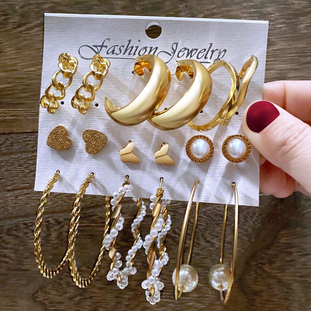 Inlagda pärlörhängen för kvinnor: Kreativ Fransk Retro Guldringar Set (6 stycken)